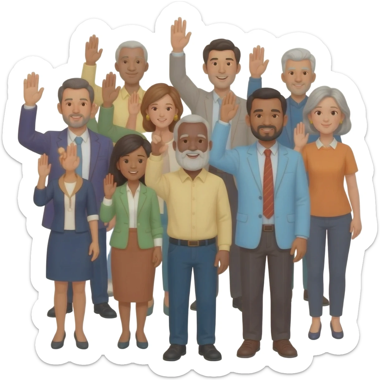 personas de diferentes razas levantando la mano derecha como pidiendo su turno, algo como este: 🙋 sticker