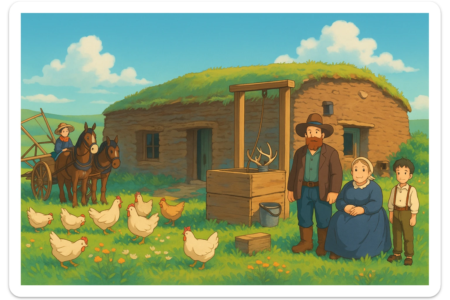 Make a copy of this photo of an early settler family with their sod house, well, plough, horses sticker