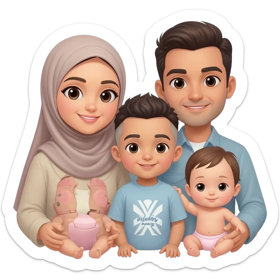 Family of four man woman 1 year old boy and baby girl but make the woman a hijabi and the boy younger man with a low fade pern sticker