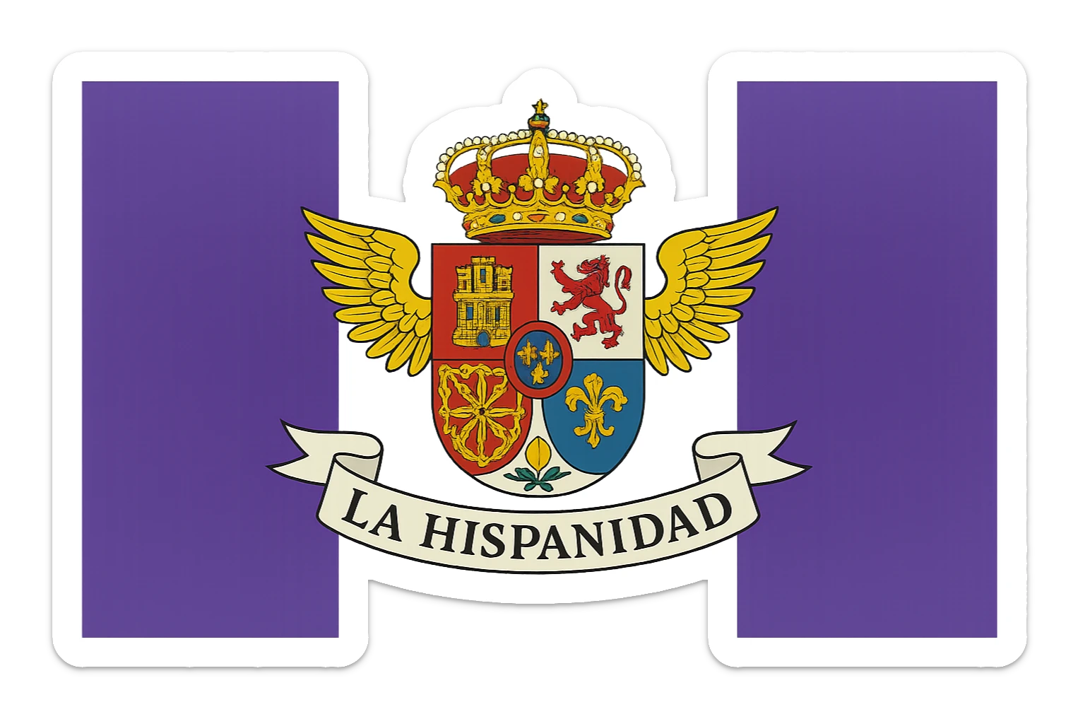vector style bandera de la hispanidad, front view, detailed coat of arms, transparent background sticker