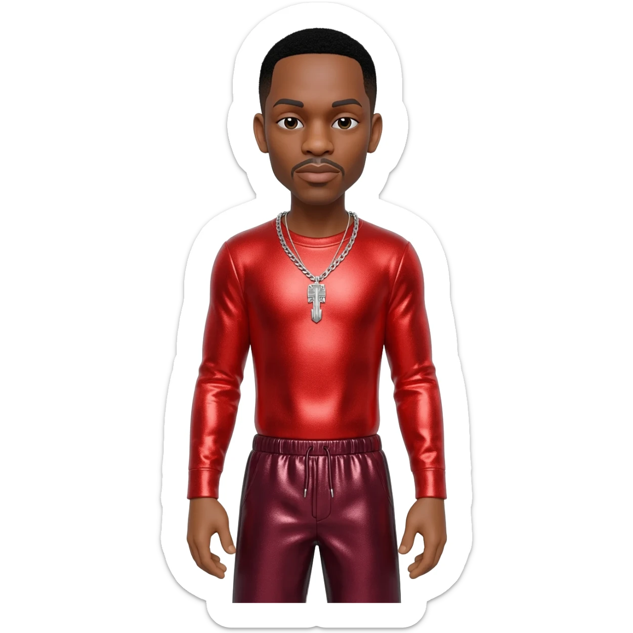 Ginuwine with black short hair, red metallic sleeve shirt, burgundy metallic baggy pants, silver necklace sticker