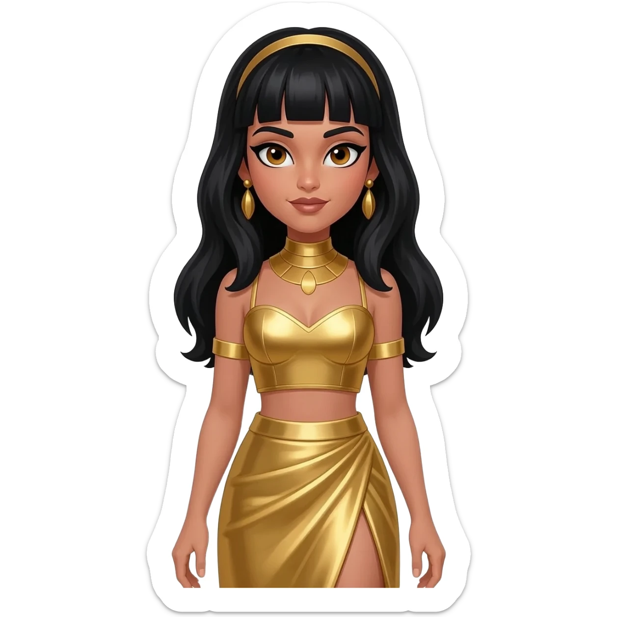 Cleopatra with hazel eyes, long black hair, gold metallic sweetheart crop top, gold metallic long asymmetrical skirts, gold necklace and earrings sticker