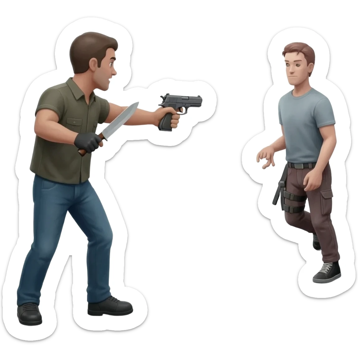 A emoji thats holding a gun and a knife while theres another emoji far away and the emoji with the gun and knife points the gun at the emoji with nothing and the emoji with the gun and knife is ready to throw the knife sticker