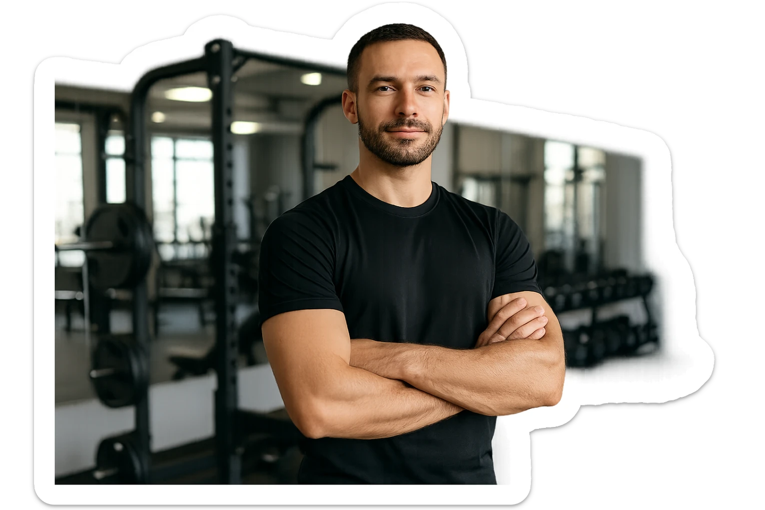 uomo sicuro di sè a braccia conserte, ben allenato e sereno, sullo sfondo una palestra sticker