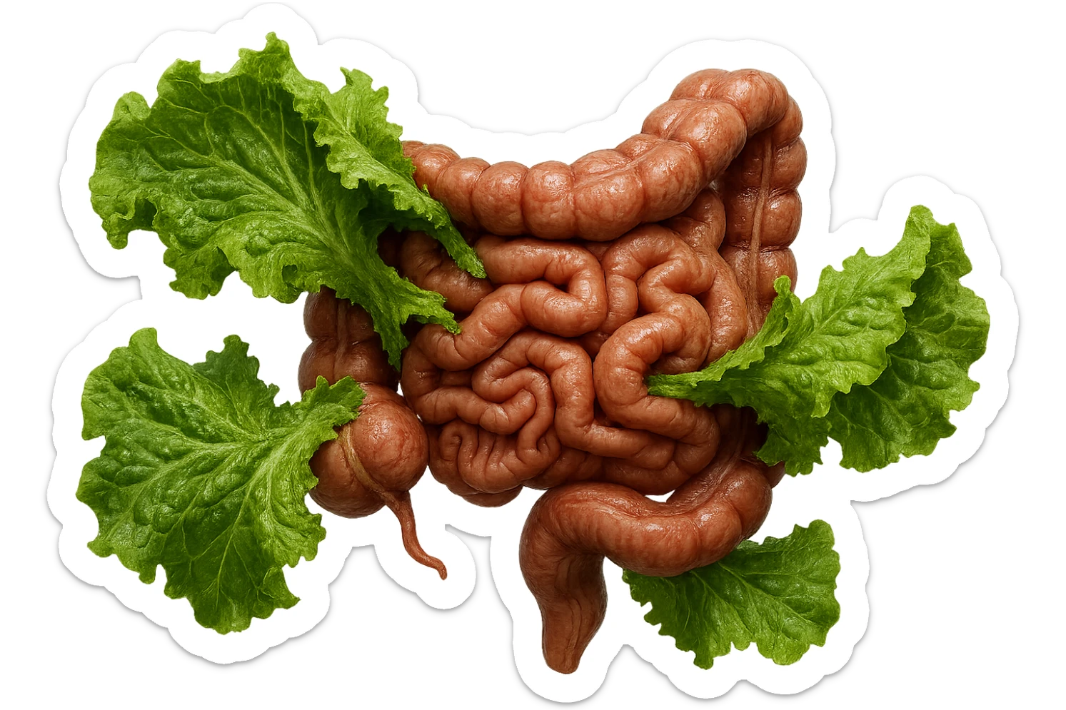 foglie di insalata che attaccano un intestino anatomico umano per distruggerlo, iperrealistico sticker