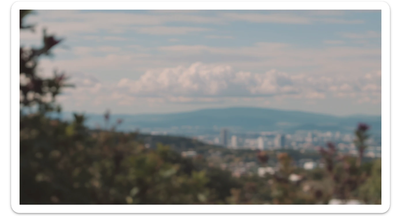 A cinemaatic still of a city, blurred plants in the foreground, shale fly above city sky, rolling hills in the background, cinematic depth of field, layered composition, natural lighting sticker