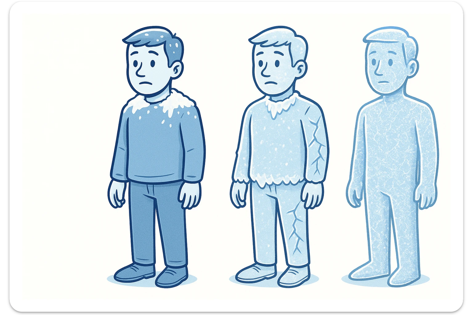 a man slowly turning to ice, each stage more frozen, cartoon style, blue and white color palette sticker