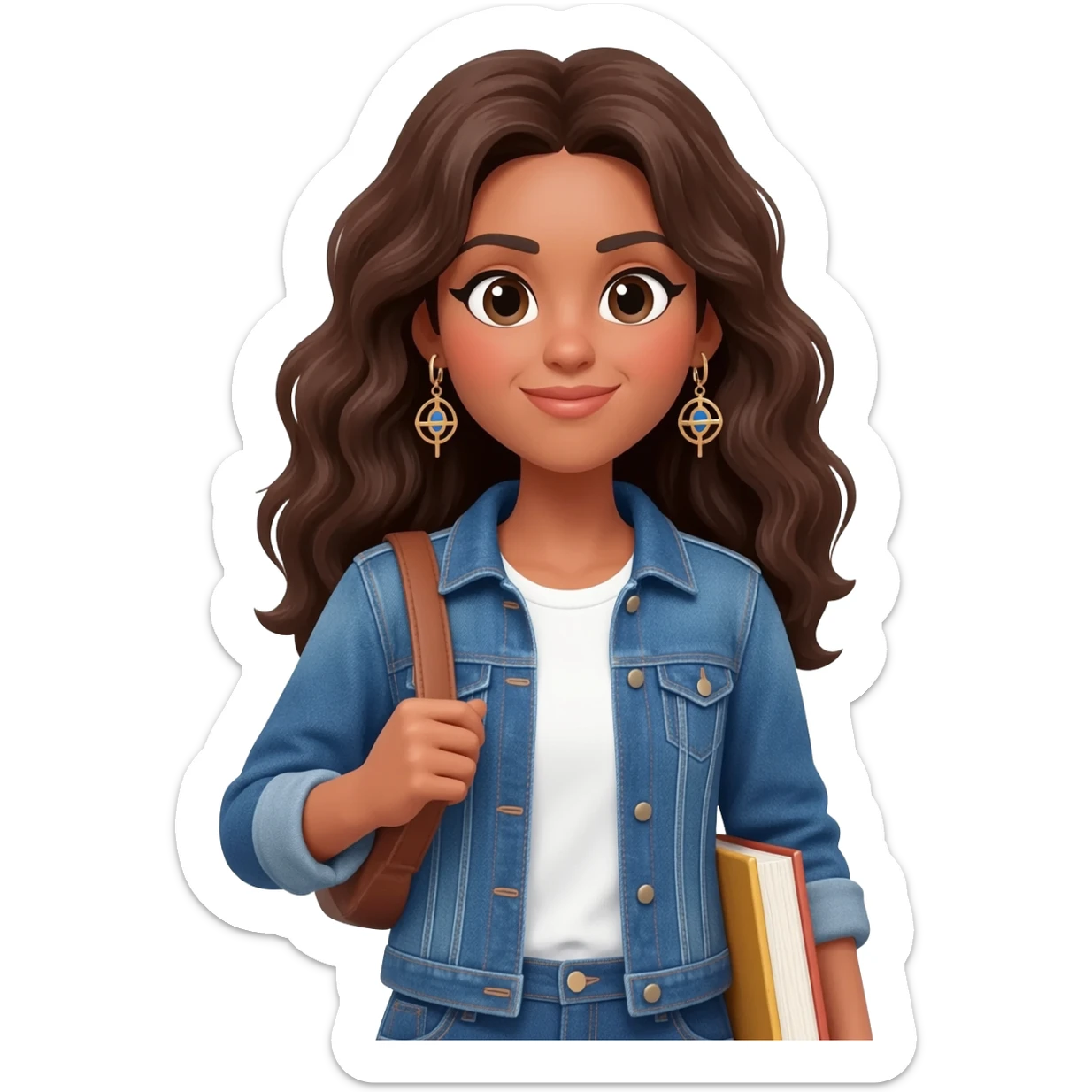 Woman with long brunnette hair, light brown skin, she is using a denim jacket with a white shirt and funky earrings and she is carrying books sticker