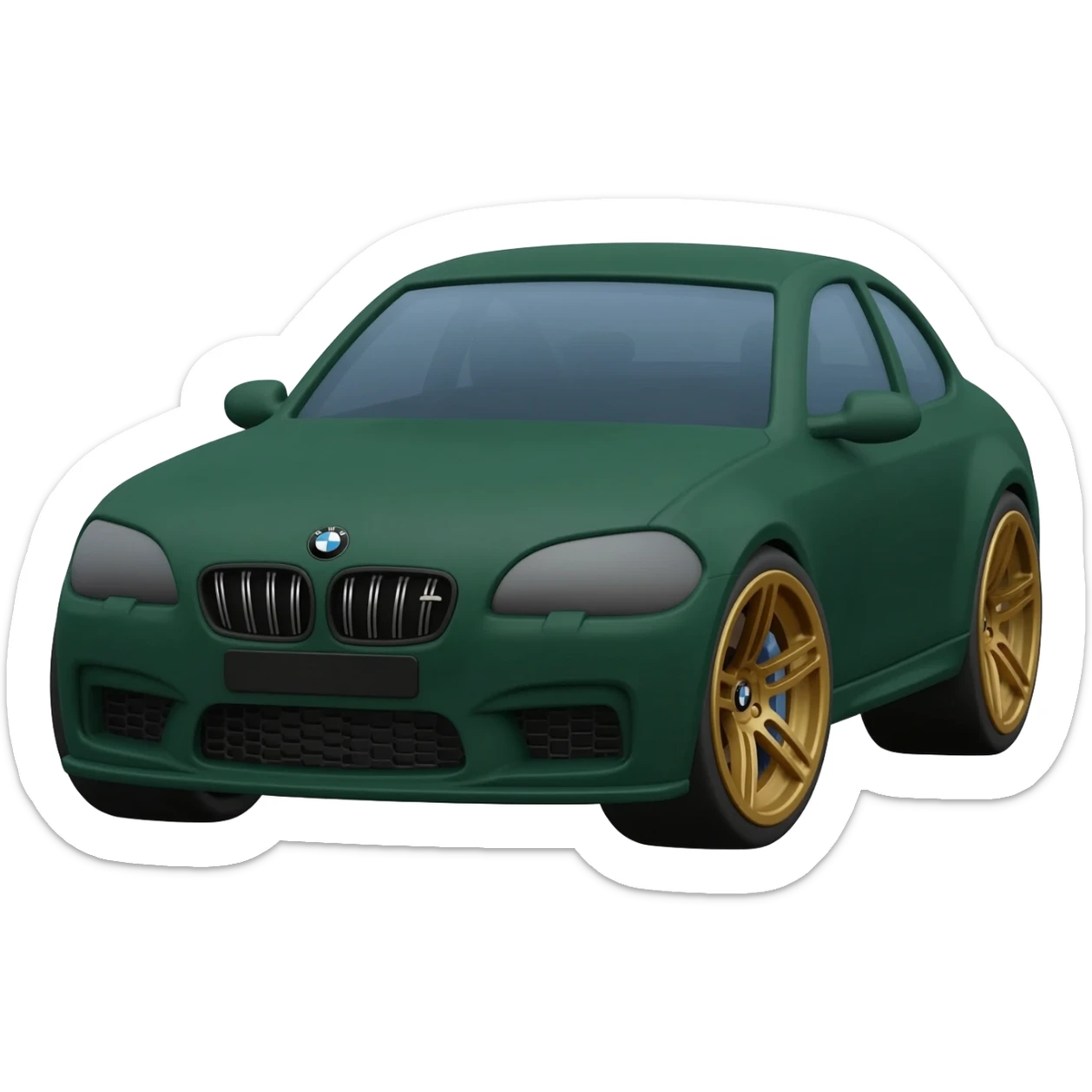apple ios emoji style, matte dark green BMW M5 CS sports sedan, front three-quarter view, gold wheels, aggressive front bumper, soft 3D emoji rendering, glossy highlights, smooth gradients, simplified details, centered icon, white background, apple emoji design language, ultra clean, high resolution sticker