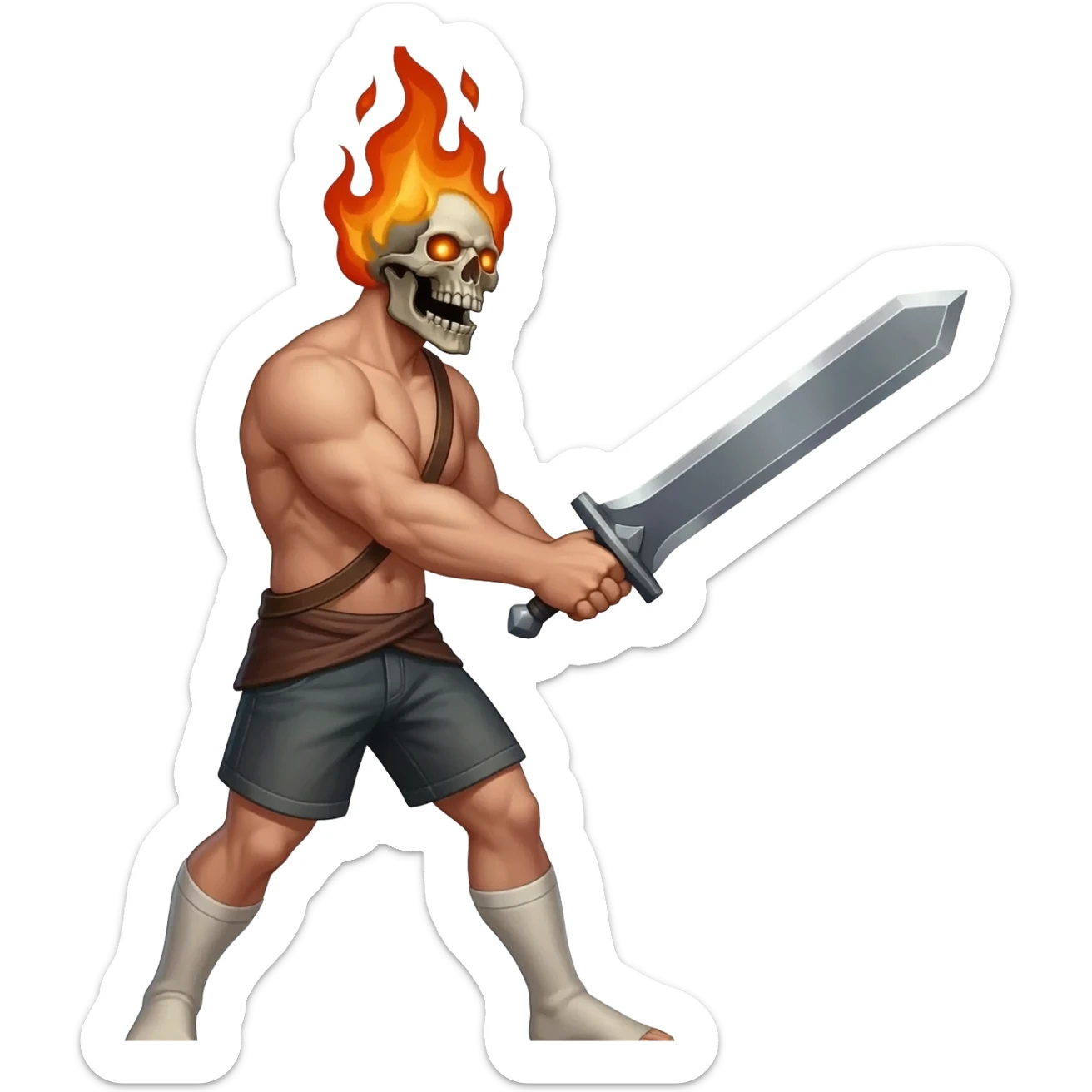 A 4 stage sprite sheet of a man with a burning skull head, show the 4 stages of him attacking with his large sword, shirtless wearing shorts, full body, facing right sticker