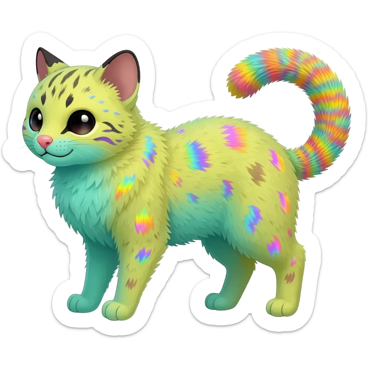  cute adorable yellow-green-turquoise-gradients albino fur with random colorful iridescent rainbow markings beautiful elegant pretty precious cute  Fakémon-Pokémon-opossum-feline-serval-caracal-chinchilla-Minccino-hybrid-creature with a big fluffy bushy striped tail (full body) sticker