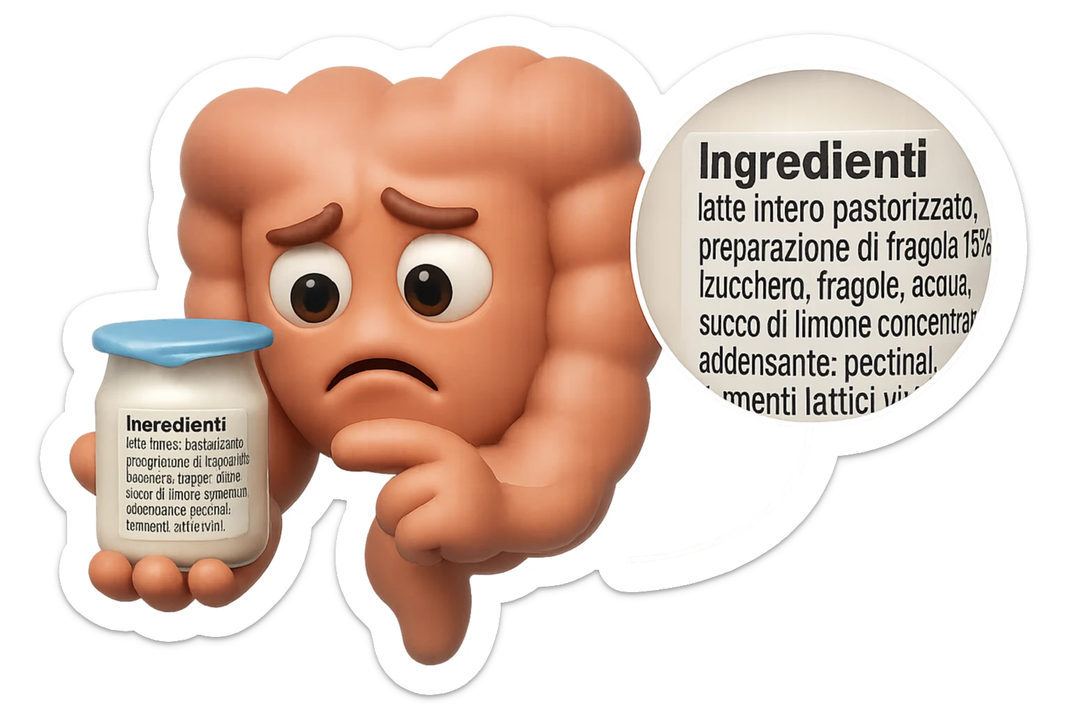 EMOJI STILE IPHONE 3D DI UN INTESTINO CHE HA IN MANO UN BARATTOLO DI YOGURT CONFEZIONATO DA SUPERMERCATO E LEGGE L'ETICHETTA NUTRIZIONALE CON GLI INGREDIENTI IN ITALIANO, ACCANTO ALLO YOGURT CHE HA IN MANO C'è UN FOCUS SULL'ETICHETTA CON GLI INGREDIENTI SCRITTI, FAGLI UN ESPRESSIONE CONFUSA MENTRE LEGGE E FALLO MOLTO REALISTICO IN 3D sticker