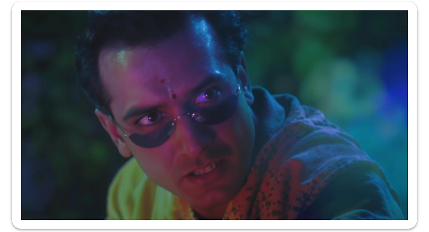 A cinematic screengrab from 1990 Indian Bollywood film called 'Batman', Sony Alpha a7 III camera, colorful  sticker