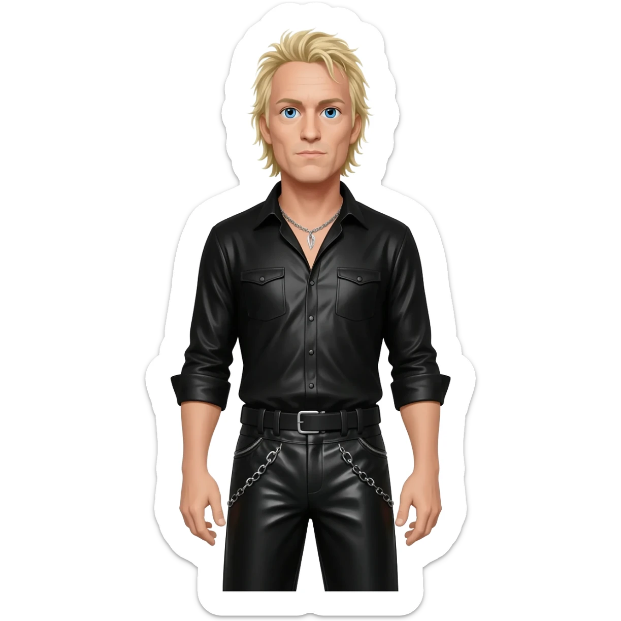 James Hetfield with blue eyes, blonde hair, black metallic shirt, black metallic baggy pants, silver necklace sticker
