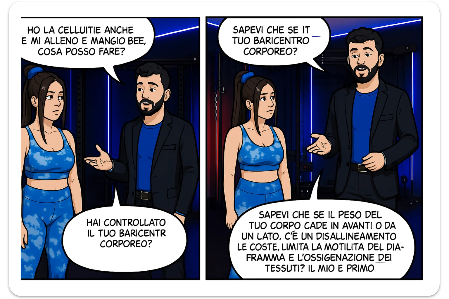 TRASFORMA QUESTO CAROSELLO IN UN FUMETTO CON QUESTE DUE PERSONE IDENTICHE CHE INTERLOQUISCONO TRA LORO:

LEI: Ho la cellulite anche se mi alleno e mangio bene, cosa posso fare?

LUI: Hai controllato il tuo baricentro corporeo?
Sapevi che se il peso del tuo corpo cade in avanti o da un lato, c’è un disallineamento fra bacino e torace, che comprimendo le coste, limita la motilità del diaframma e l’ossigenazione dei tessuti?
Il mio è il primo e unico percorso che lavora sugli inestetismi con un lavoro mirato sul baricentro corporeo. sticker