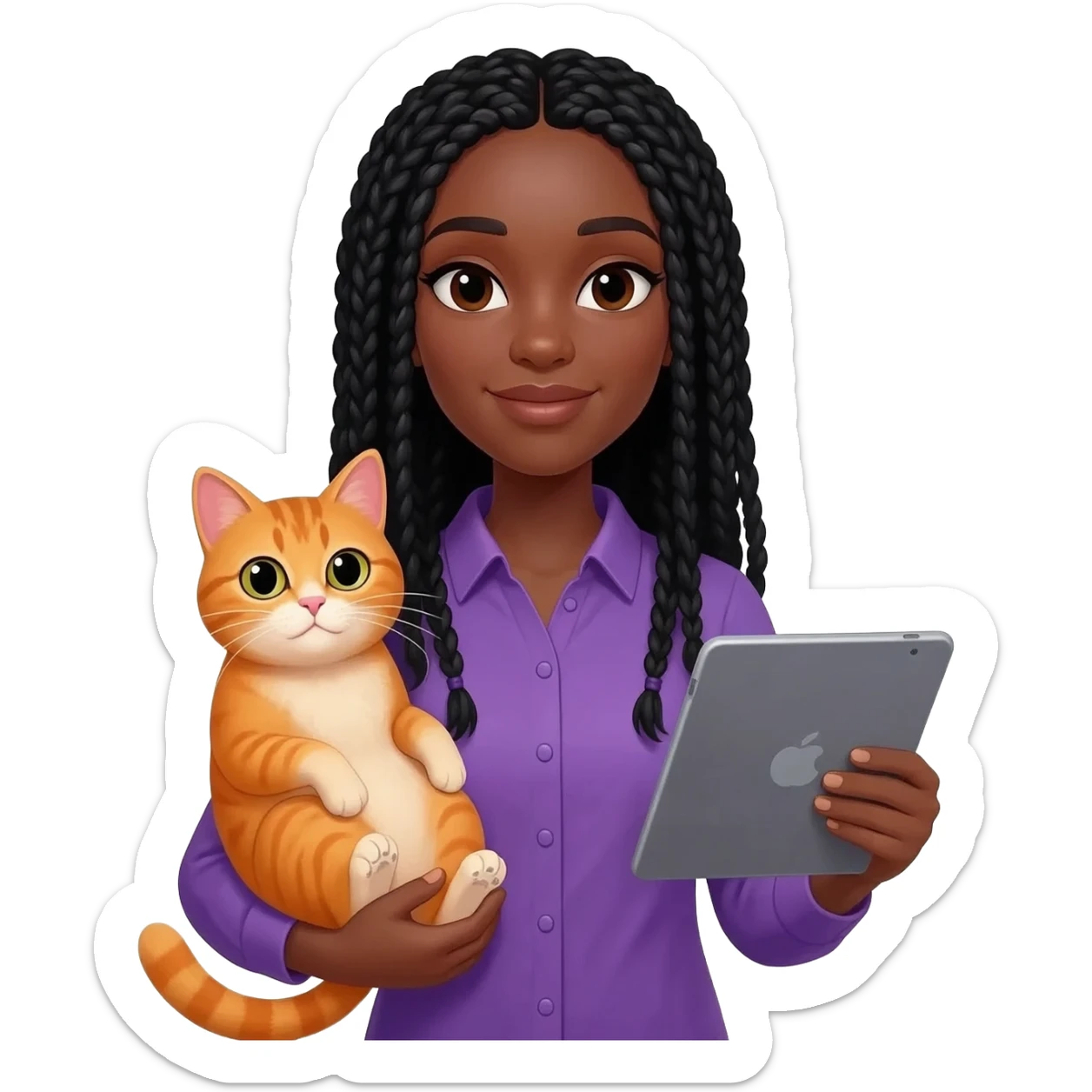 Émoji représentant une femme peau marron avec des longues nattes noires, une belle chemise violette, tenant un chat orange dans une main et une tablette dans l'autre sticker