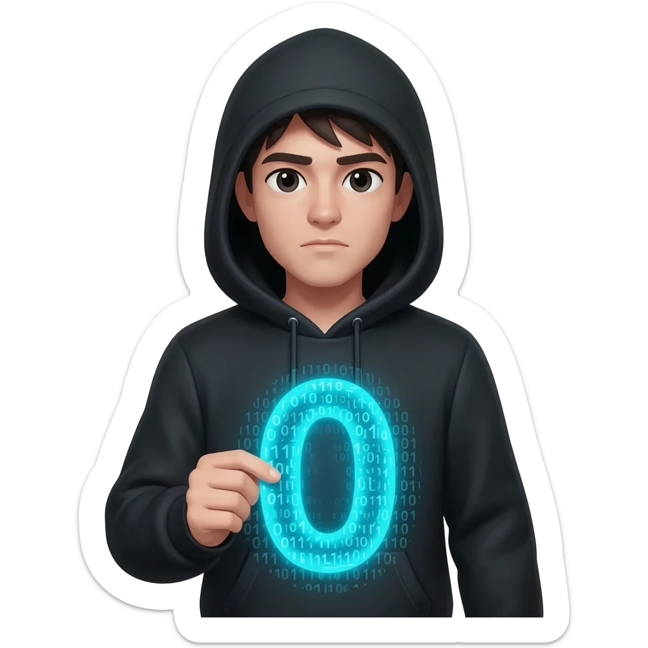 I need emoji for my new discord server, the name of the server is Zer0s and 0nes, I love the binary system and "hacker" look, like a guy with a hoodie, make sure the face is present and looks like a human being and the hoodie is natural and black. Make it oriented around the number 0. sticker