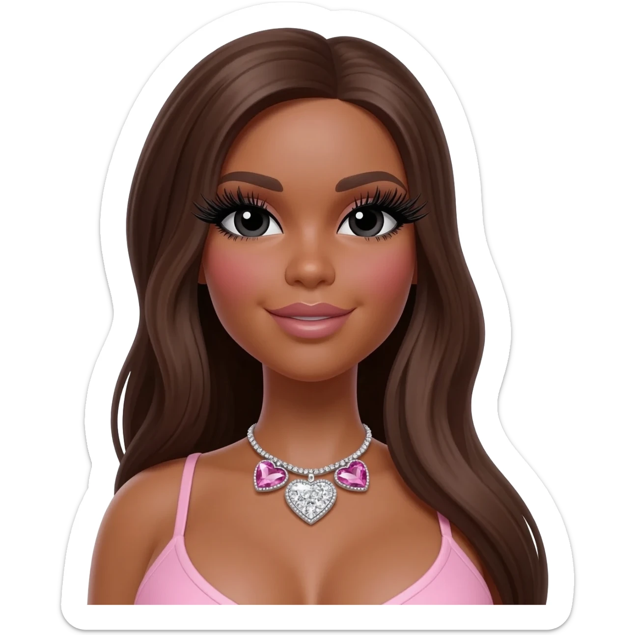 Long giant lashes, Doll faced shaped, heart swarvorski necklace, bimbo, black doll eyes, barbie, dark brown skin with long dark brown hair, light pink, big breast sticker