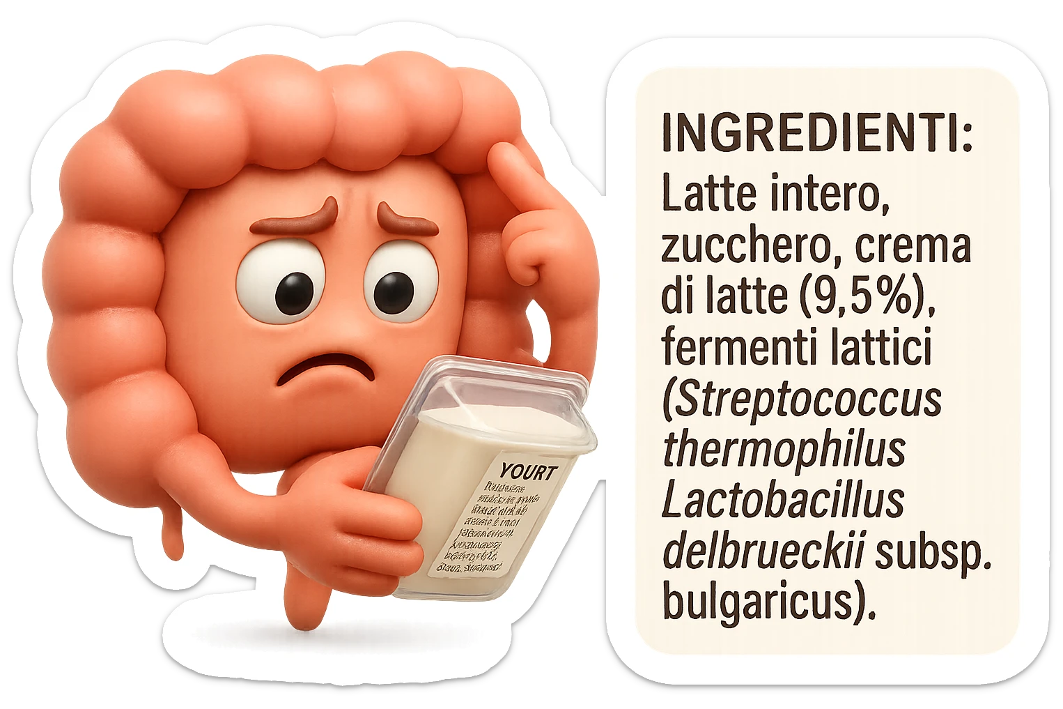 EMOJI STILE IPHONE 3D DI UN INTESTINO CHE HA IN MANO UN BARATTOLO DI YOGURT CONFEZIONATO DA SUPERMERCATO E LEGGE L'ETICHETTA NUTRIZIONALE CON GLI INGREDIENTI IN ITALIANO, ACCANTO ALLO YOGURT CHE HA IN MANO C'è UN FOCUS SULL'ETICHETTA CON GLI INGREDIENTI SCRITTI, FAGLI UN ESPRESSIONE CONFUSA MENTRE LEGGE E FALLO MOLTO REALISTICO IN 3D sticker