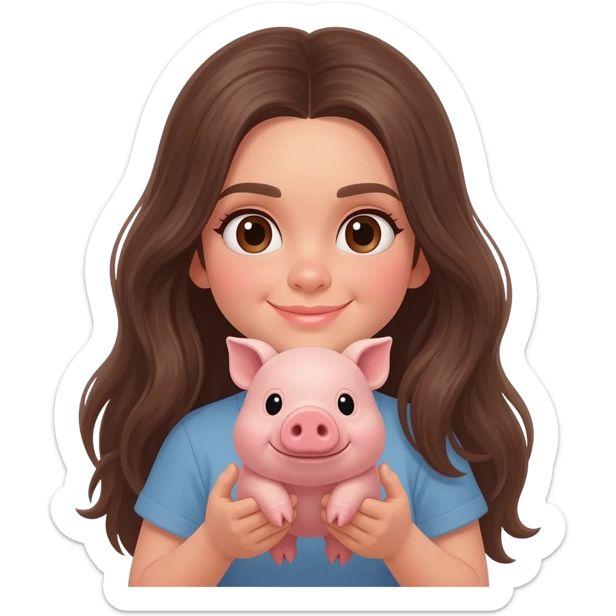 Beautiful girl brunette With long hair and a little pig sticker