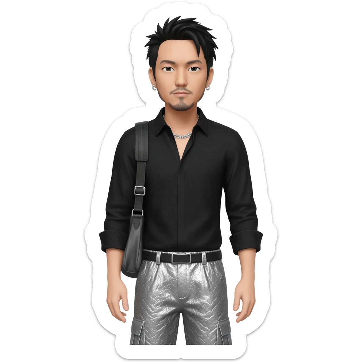 Mike Shinoda with black hair, black shirt, grey metallic baggy pants, silver necklace sticker