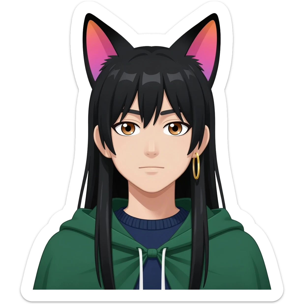 anime man with long-straight-dark-black hair, long black fox ears with pink Scapha, colorful-gradient-brown-turquoise eyes, gold earring, dark-blue-sweater, green cape, white pupils sticker
