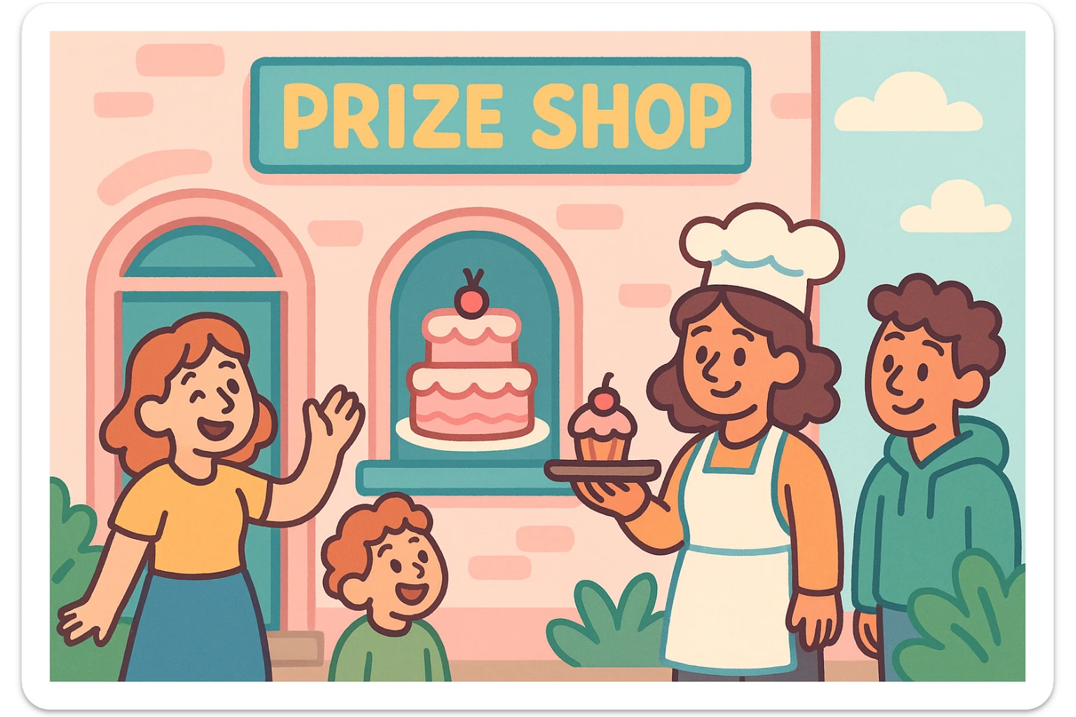 pastel pink cake bakery with a sign above the door that says 'Prize Shop', soft colors, inviting, whimsical, exterior view, pastel illustration style sticker