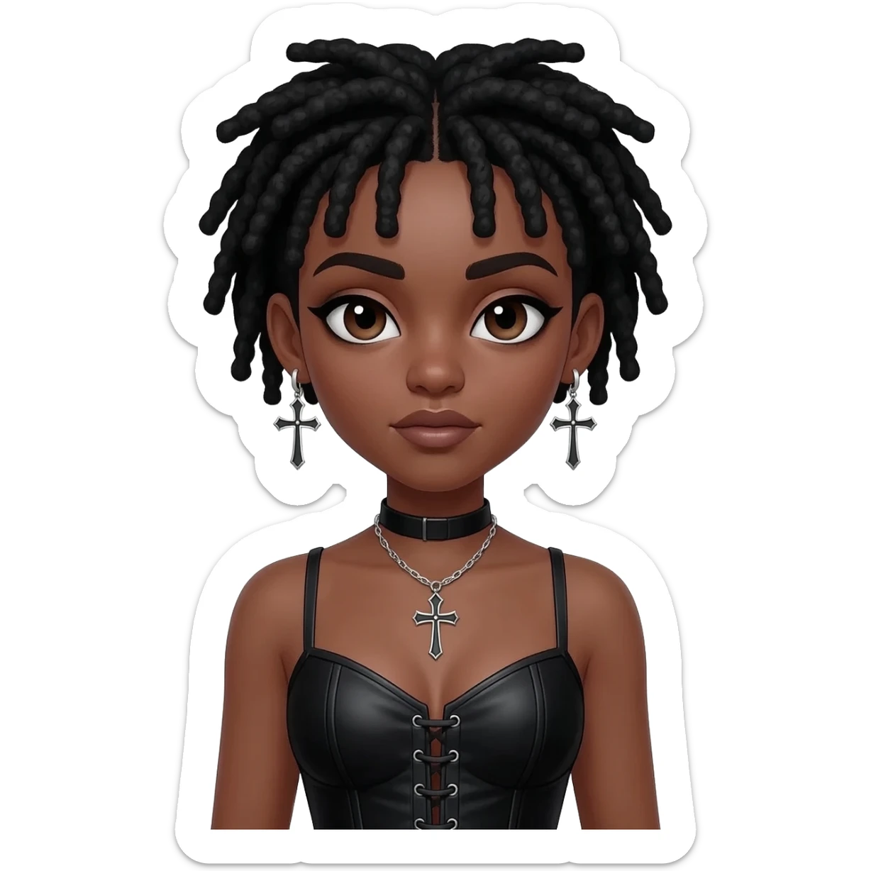 goth black girl with black corset, with brown skin, cross earrings, ankh necklace with center parted short black micro locs with bangs, whole white face paint sticker