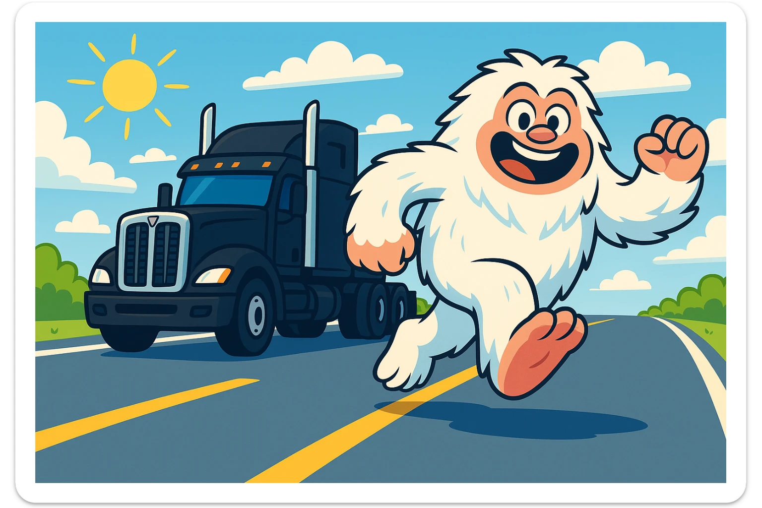 Rotate the black semi truck slightly to the right and show the entire scene from a farther distance, maintaining the composition of the semi chasing a small cartoonish abominable snowman on a bright highway. Keep the bright highway and cartoonish style consistent. sticker