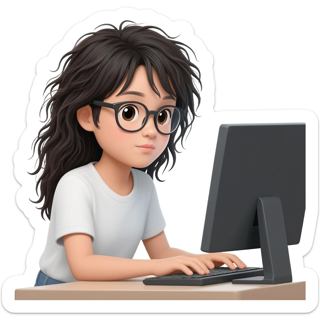 chinese girl with messy long  hair and glasses working from home  on PC half body and front view profile sticker