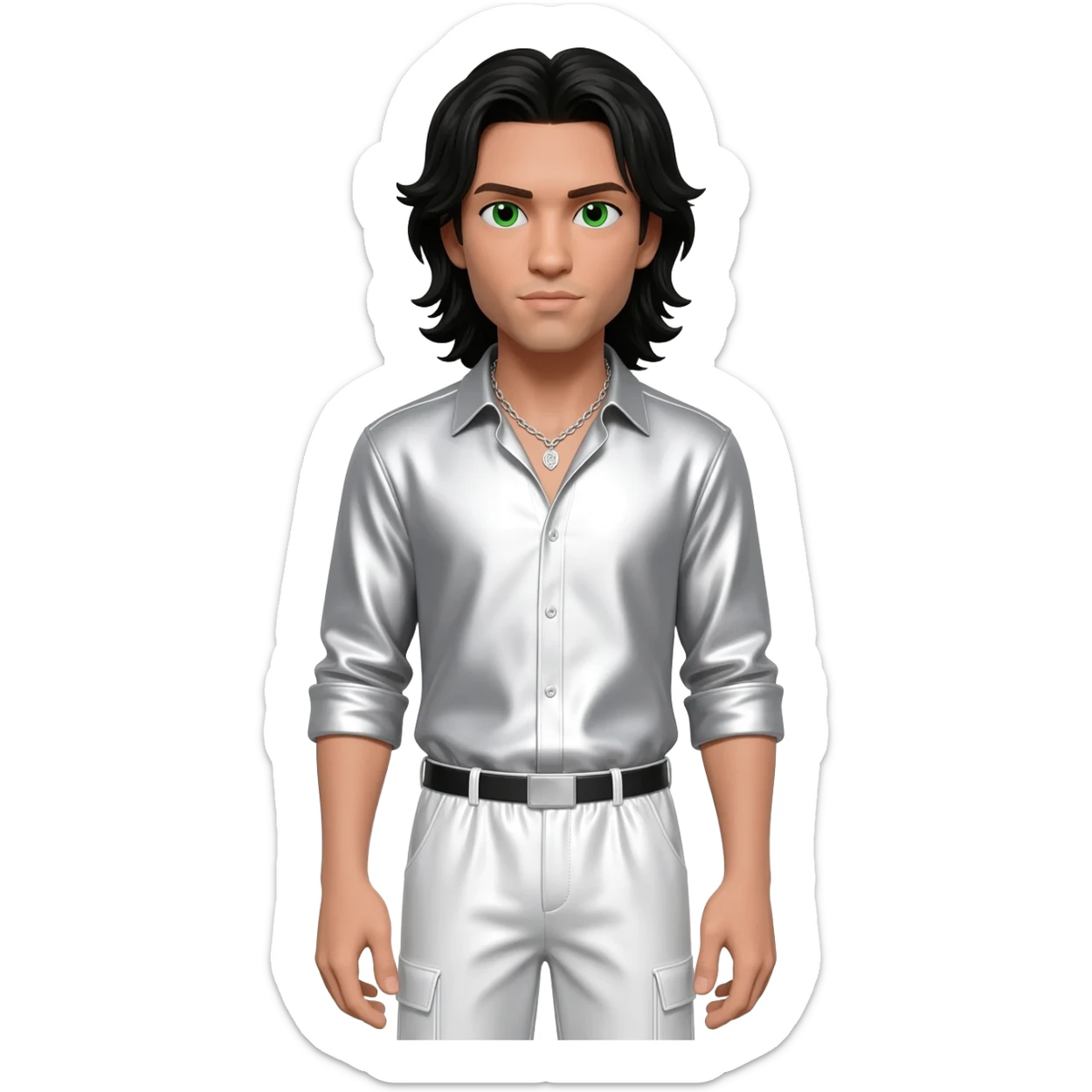 Kevin Richardson with light skin, green eyes, long black hair, white metallic shirt, white metallic baggy pants, silver necklace sticker