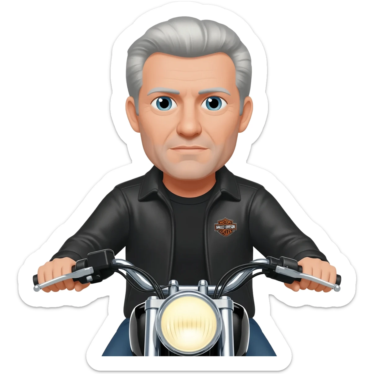 Black and Gray haired white guy riding Harley Davidson looking at camera sticker