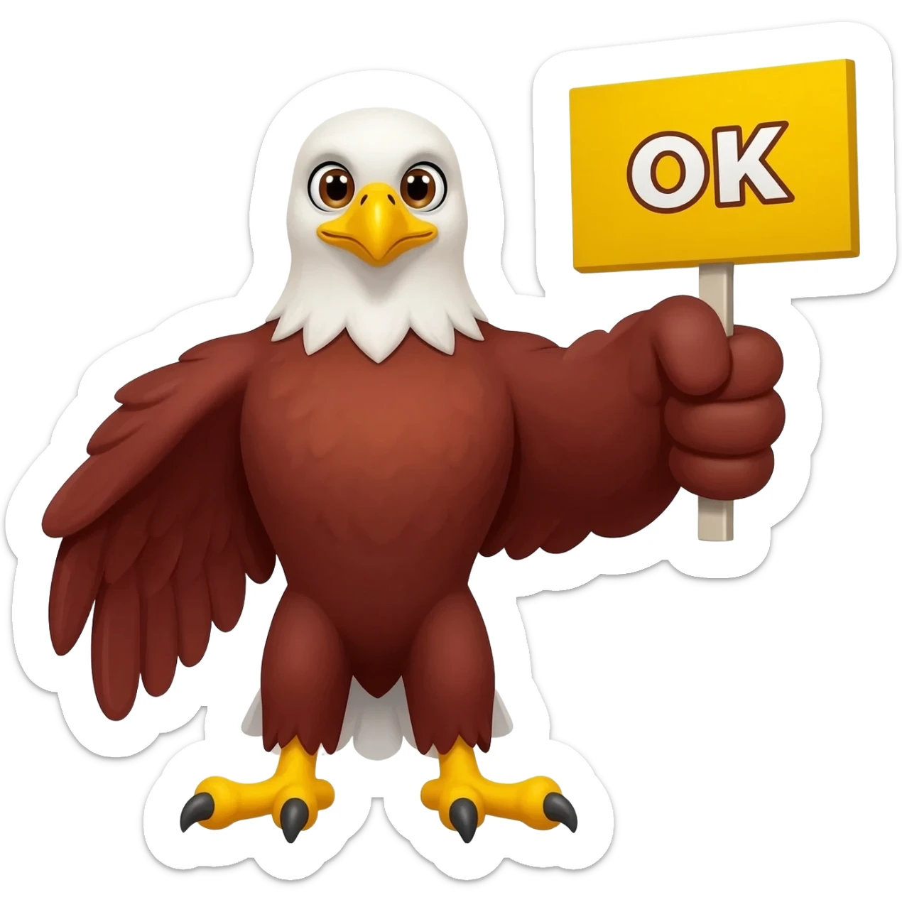 Cute round emoji showing a red eagle holding a yellow sign that says "OK", blue outline, white background, vector art. sticker