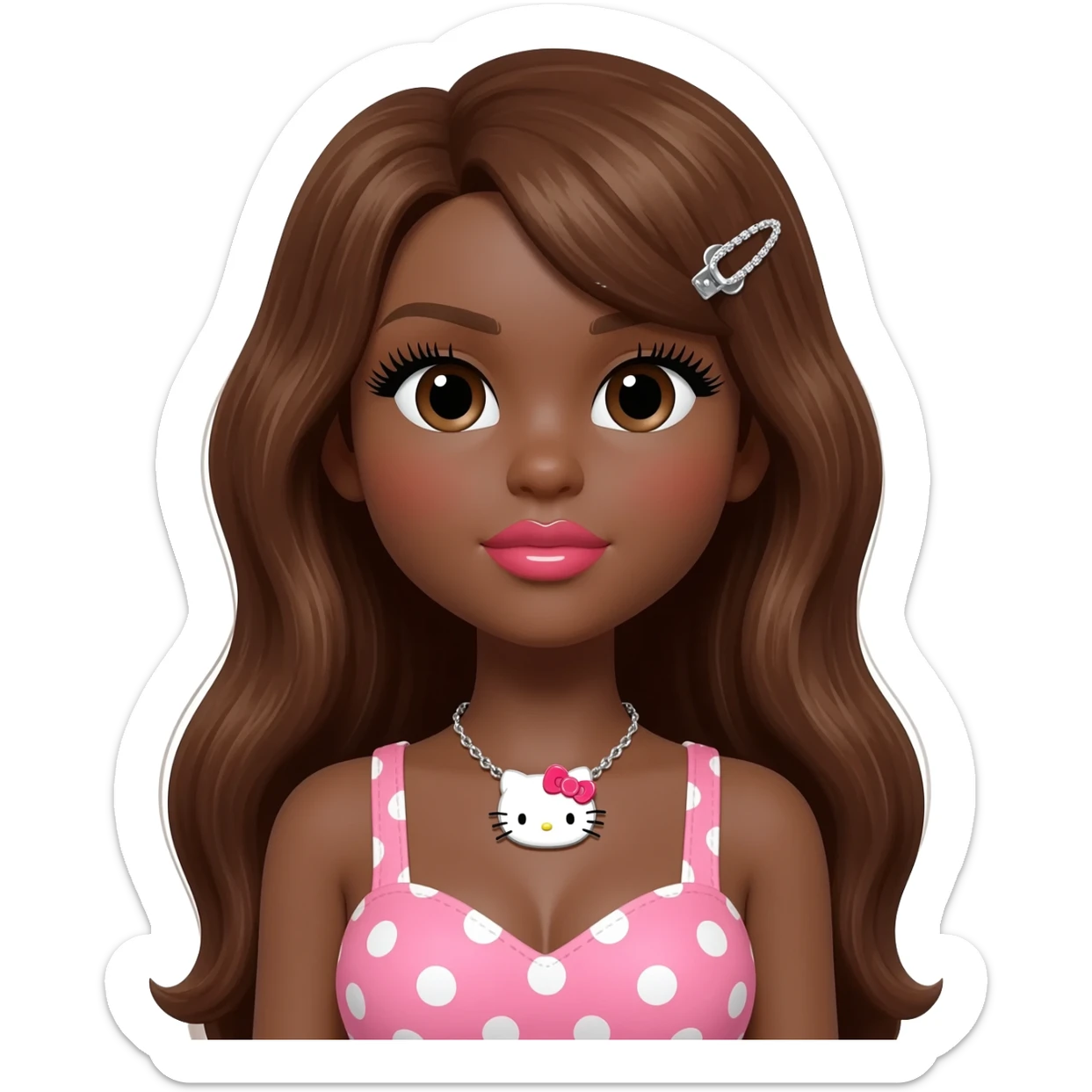 cute glossy lips, doll eyes with long lashes, dark brown skin, long brown hair, big chest, hello kitty necklace, one bow clip, pink and white polkadot tops sticker