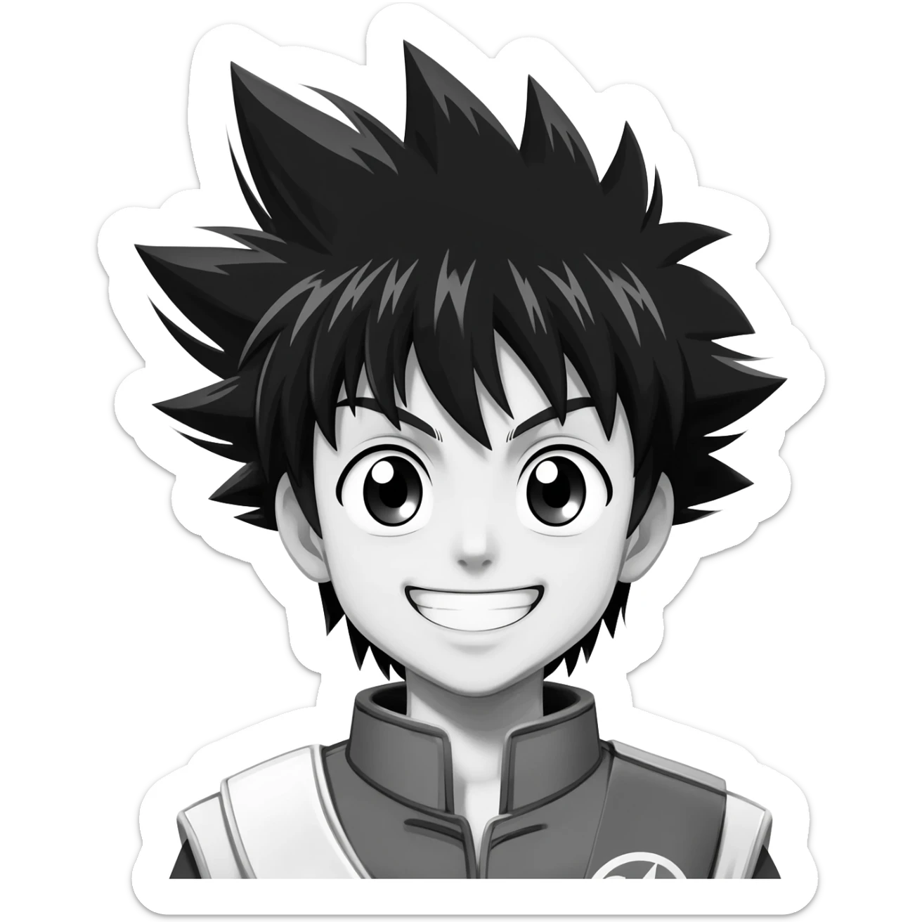 generate a black and white Killua happy smail with a transparent background sticker