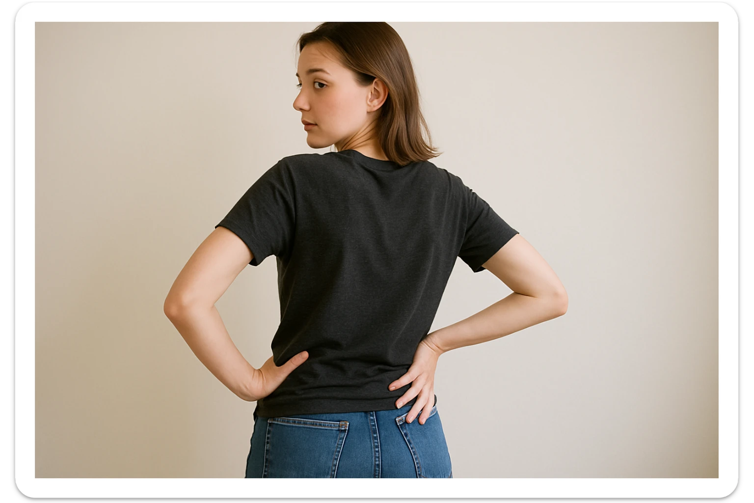 Rakurs orqadan oldiga qarab turgan inson qo'lini beliga qo'yib turgan sticker