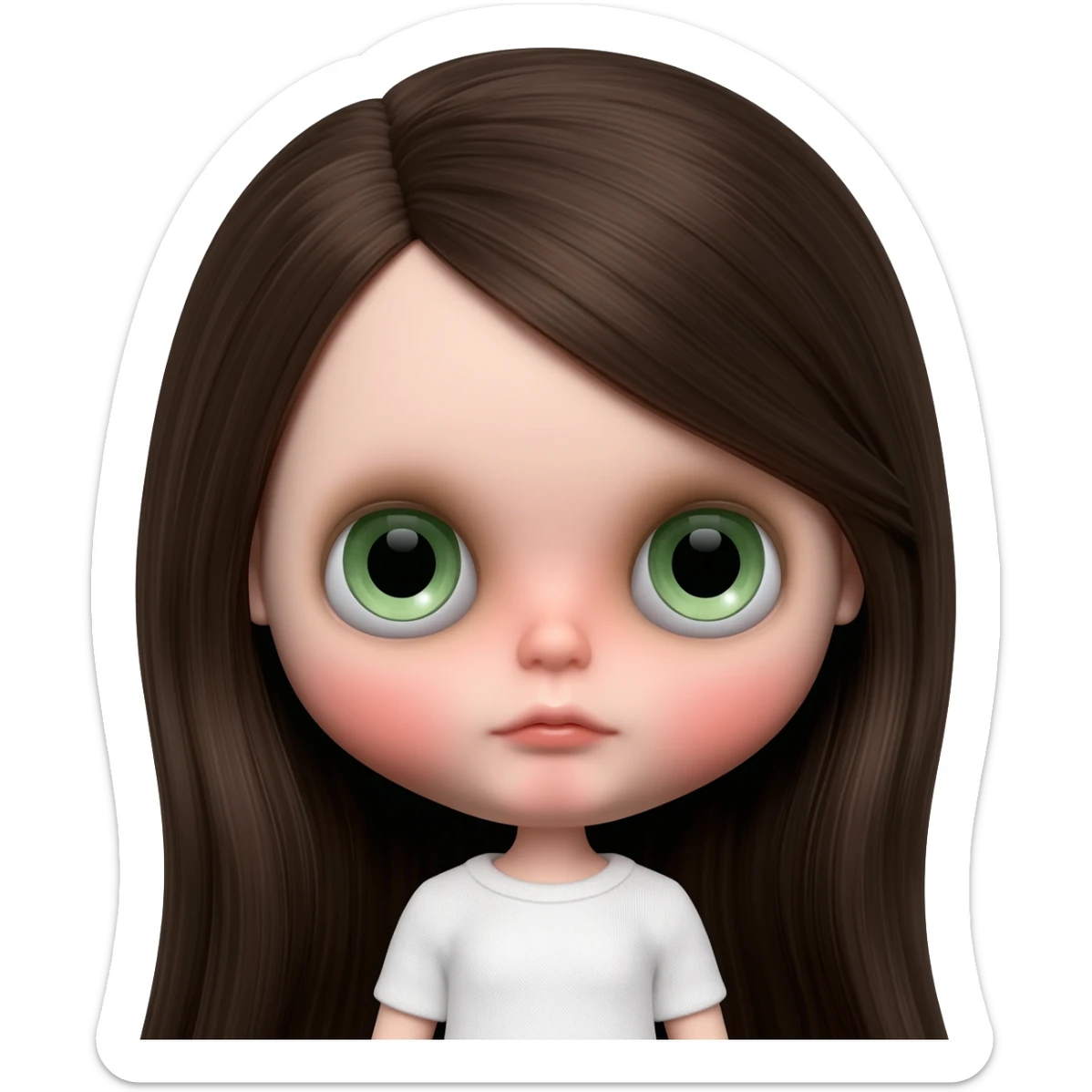 Blythe doll type emojiMake her hair longer Make her hair darker Make her hair a darker brown give her pale skin Maker more peach white pale Get rid of the rosiness in her cheeks and make her eyes green Make her eyes a lighter green make her eyes a sage green and make the pupils pitch black sticker