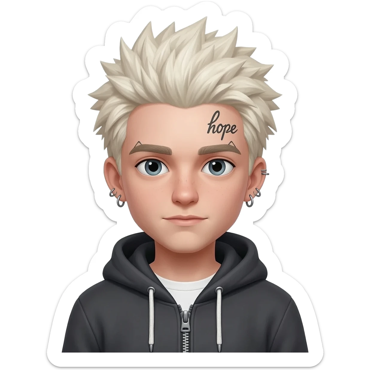 Create for me a boy wearing a zip-up hoodie showing his shirt underneath, with long, spiky platinum blonde hair, piercings, and the word "hope" tattooed on his eyebrow. sticker