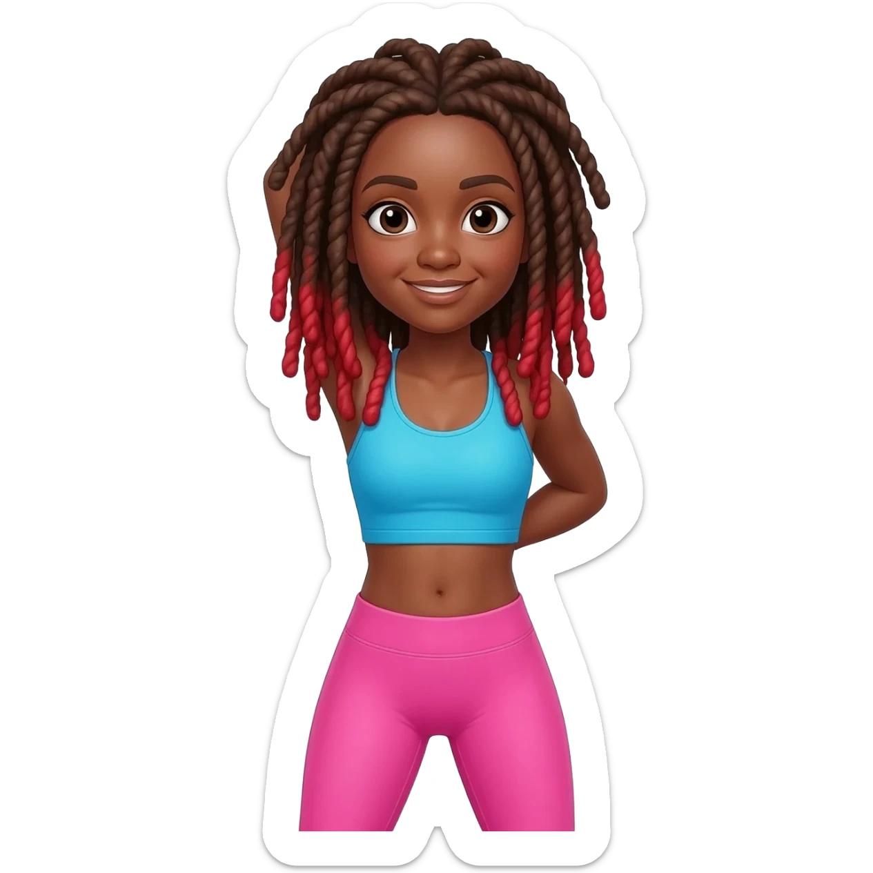 African American girl with long brown dreadlocks with red tips, pink workout leggings and a bright blue cropped top in a stretching pose sticker