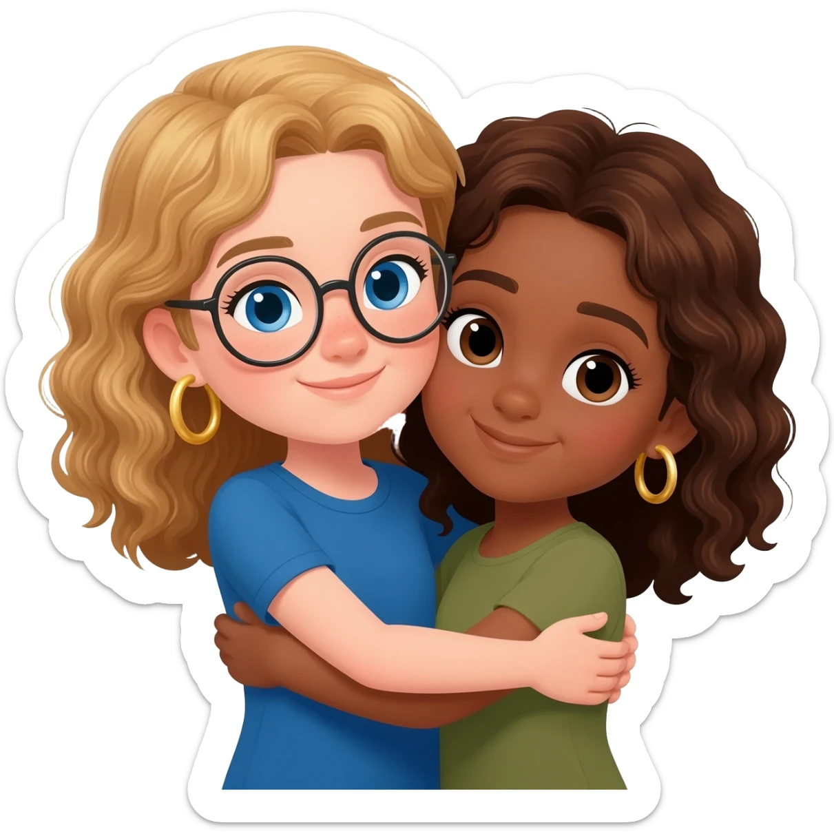 tan girl with blond wavy hair blue eyes no glasses age 10 gold hoop earrings wearing a blue top with an olive skin girl with brown wavy hair no glasses small gold hoop earrings hugging each other sticker