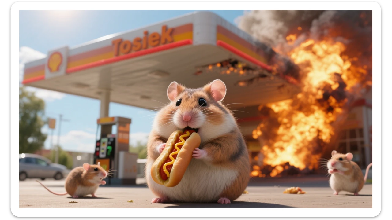 Cinematic still of A portrait of a fat hamster eating hotdog on gas station, gas station is in fire, other hamster fun away, sunny day, back light explosion , gas station named "Tosiek" (Realistic) sticker
