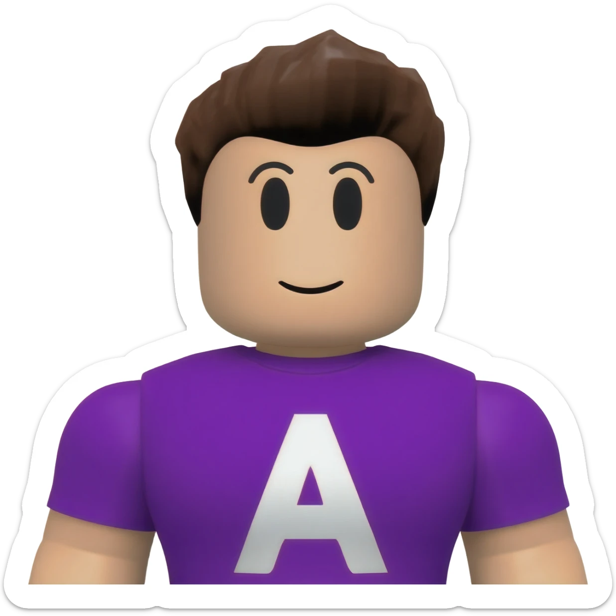 Genera un personaje de roblox con una playera con una letra A color morada y la letra en color blanco sticker