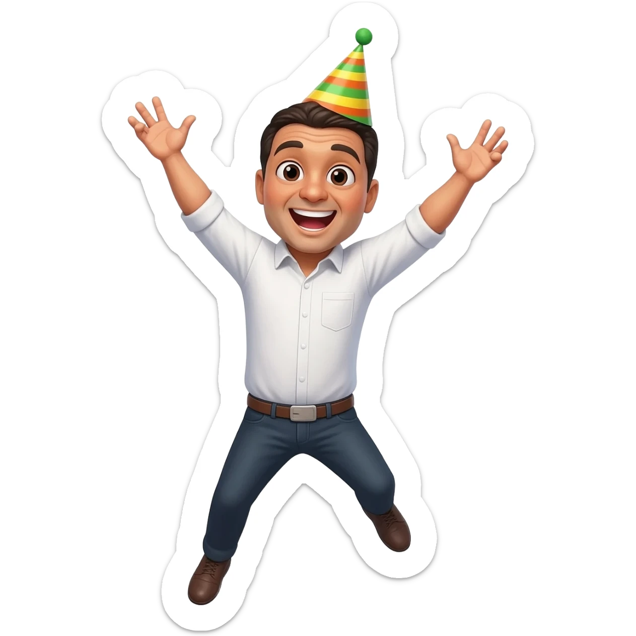 mexican man wearing birthday party hat with his arms up, jumping in the air excited with the caption, “happy birthday amigo!!!” sticker