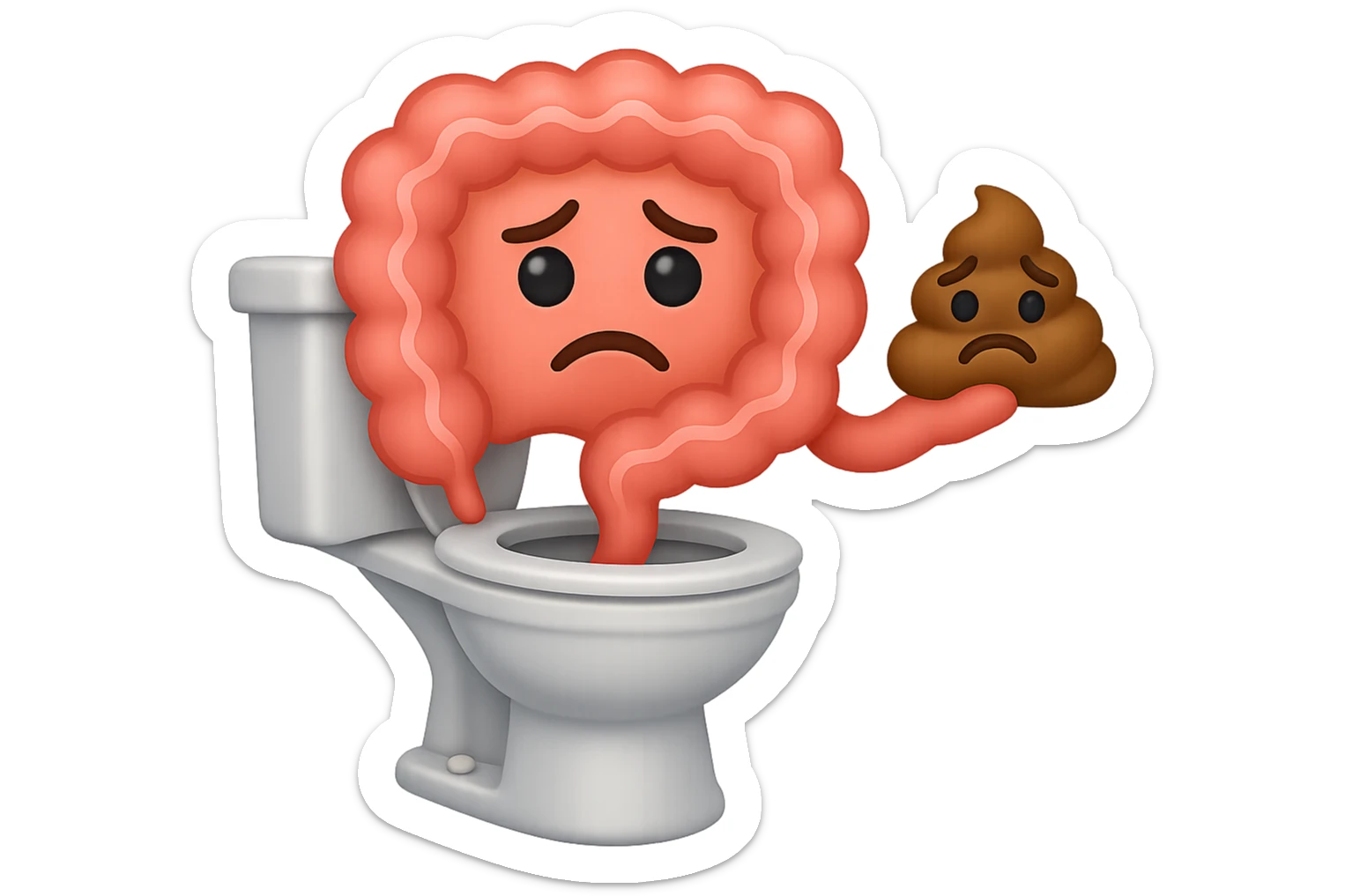 emoji stile iphone di un intestino che esce dal wc con in mano una montagnetta di feci con espressione triste a palline sticker