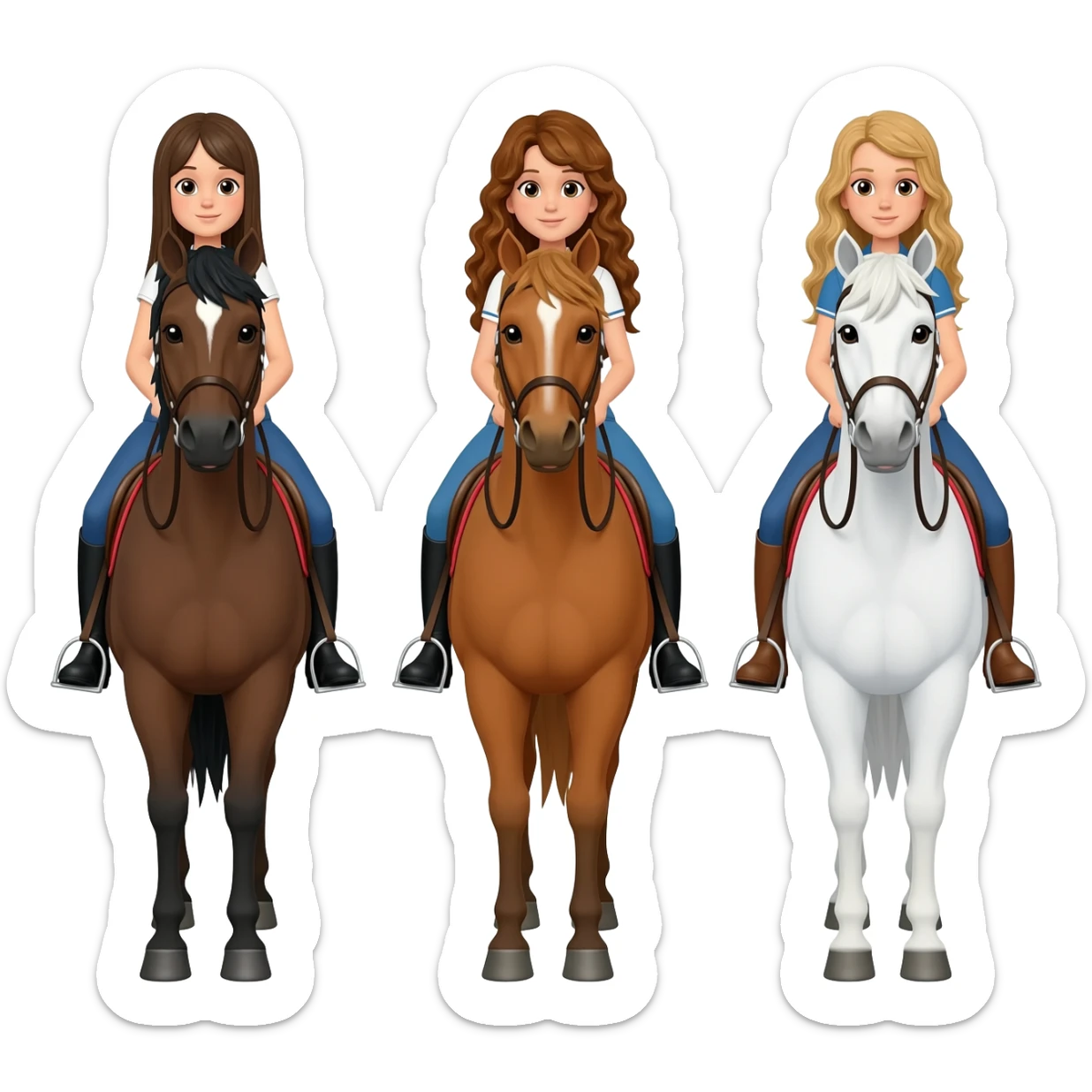 Three horses white bay and sorrel with three riders on the bay horse a girl with dark straight hair on the sorrel horse a girl with wavy brown hair and on the white horse a girl with sandy hair sticker