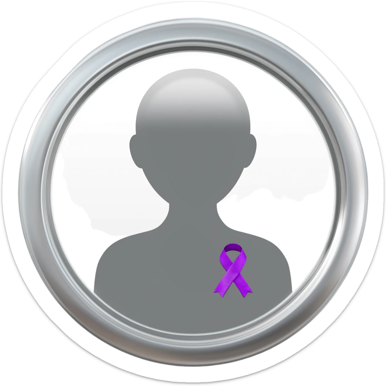 Apple iOS–style 3D emoji: round silver mirror, front view. In reflection, neutral silhouette with little violet awareness ribbon (classic looped cause-support ribbon) on chest, only visible in reflection. White background, soft shadow. sticker