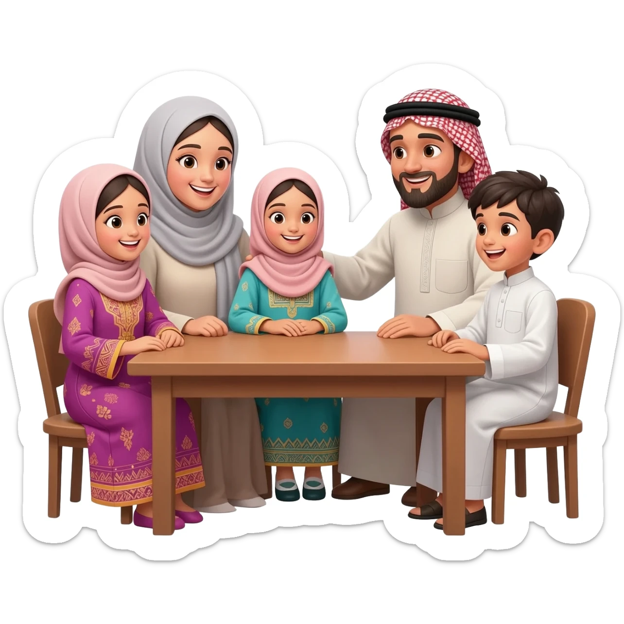 islamic family sitting on table; mother wearing without hijab; father with beard and islamic clothes; little girls  hijab and one little boy; kids wearing traditional clothes and talking happily to each other sticker