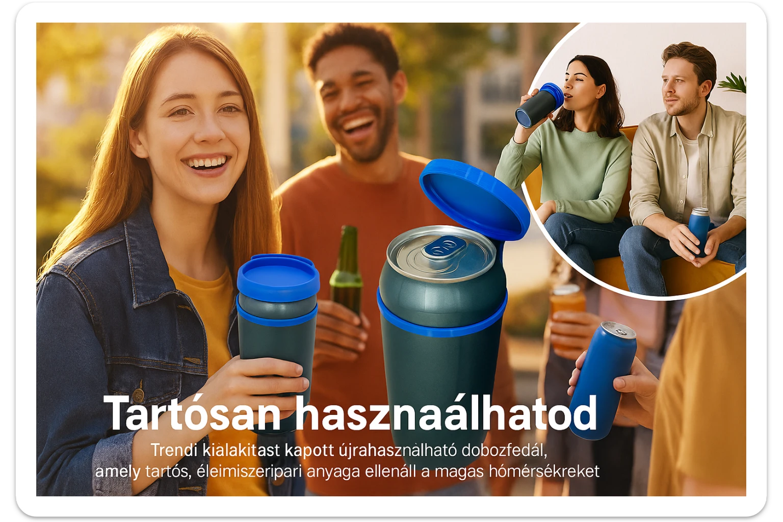 Készíts a következő jellemzőkre a mellékelt fotó felhasználásával a szöveghez illő képet, 1000x600px-es méretűt, fiatalos, dinamikus, megnyerő,változatos, színes, valósághű fotók legyenek!
„Tartósan használhatod”
Trendi design – az élelmiszeripari alapanyagból készült termék jól bírja a használatot, magasabb hőmérsékleten sem válik használhatatlanná. Újra és újra veled lehet. sticker