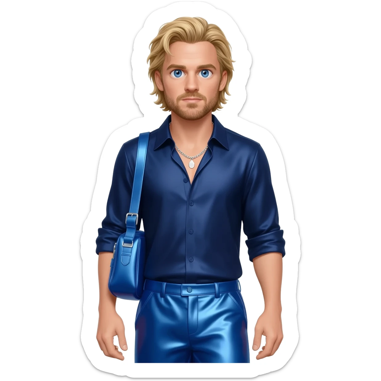 Chris Evans with blue eyes, long blonde hair, navy blue metallic shirt, cobalt blue metallic baggy pants, silver necklace sticker