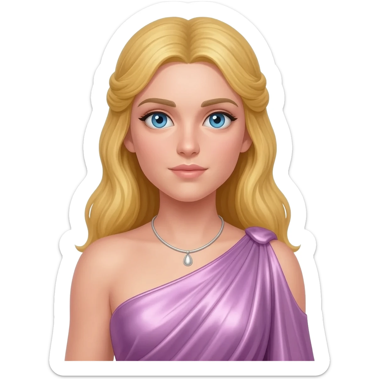 Aphrodite from Greek Mythology with blue eyes, long golden blonde hair, lavender pink metallic one shoulder long dress, silver necklace sticker